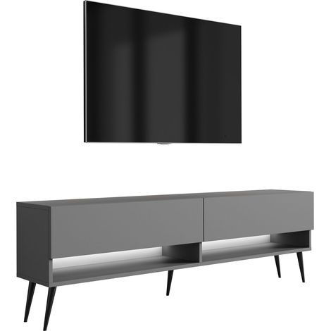 Meuble TV 170 cm Blanc Mat / Blanc Brillant, pieds obliques noirs, 170 × 32 × 52 cm (1/5)