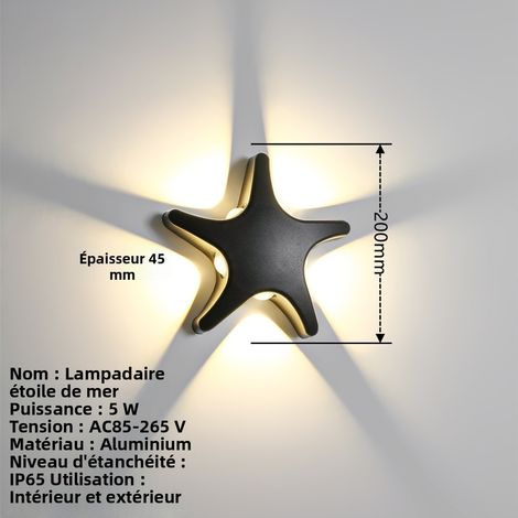 Wasserdichte Außenwandleuchte IP65, Moderne und minimalistische 5W 4000K LED-Wandleuchte für Garten, Hof, Flur und Balkon, Schwarzes Seestern-Design-lsw