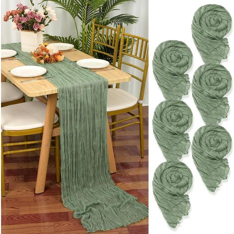 6er Set Tischläufer Salbeigrün, 55x300cm, Gaze Stoff, Rustikal Boho Stil