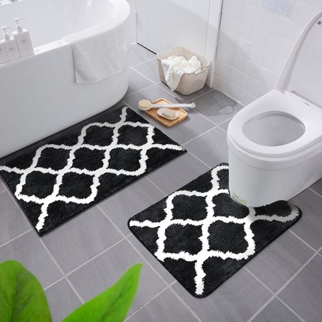 Absorbent microfiber bathroom/toilet mat, machine washable and non-slip (black, 51 x 61 cm + 41 x 61 cm)