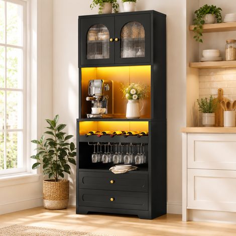 Vaisselier haut noir HAVRYA, portes en verre, LED via application, 140 x 40 x 180 cm (1/5)