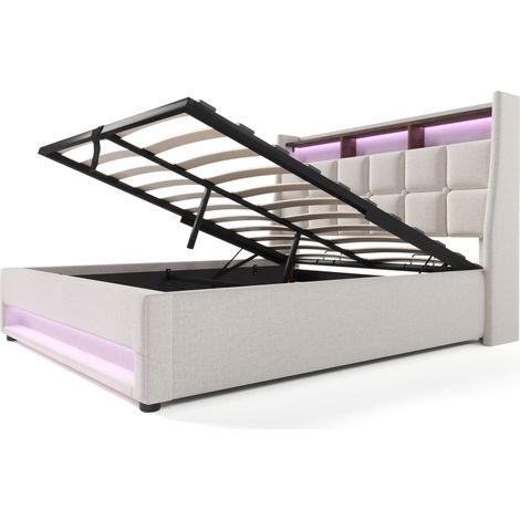 Cama tapizada capitoné 140x200 cm en lino con LED y USB, beige claro HOMVRA (1/5)