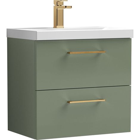 Balterley 600mm Wall Hung Bathroom 2 Drawer Vanity Unit and 1 Tap Hole Ceramic Basin, Satin Green with Brushed Bronze Handles