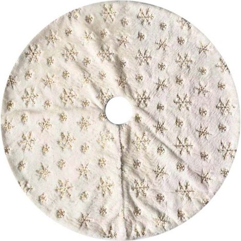 Jupe Pour Arbre De Noël - 90 Cm - Fourrure Synthétique Épaisse Blanche Et Dorée Avec Motifs Flocons De Neige - Pour Décoration De Sapin