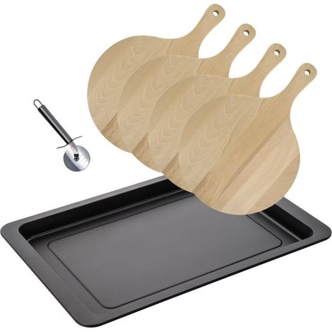 Ensemble pour pizza avec une plaque de cuisson four, 4 planches à pizza rondes et une roulette à pizza Fackelmann