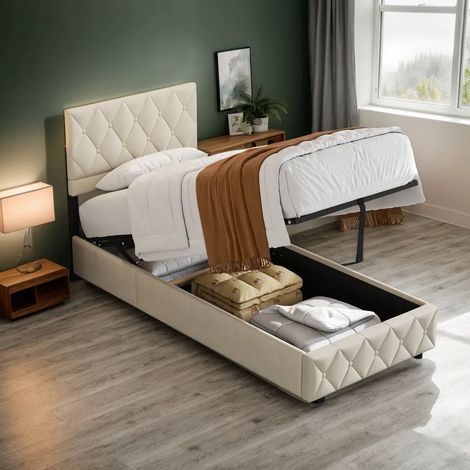 Cama con almacenamiento, cama para adultos, con somier de láminas, cabecero ajustable, sin colchón, blanca - 90x190 cm (1/5)