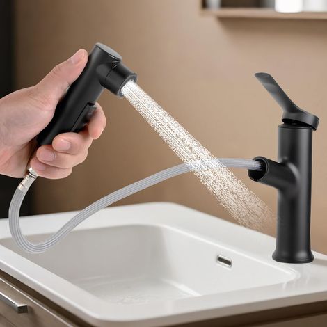 Robinet de salle de bain, mitigeur de cuisine à bec extractible avec douchette, 30-60 cm, pour eau chaude et froide, corps en laiton avec valve en céramique, noir (1/5)