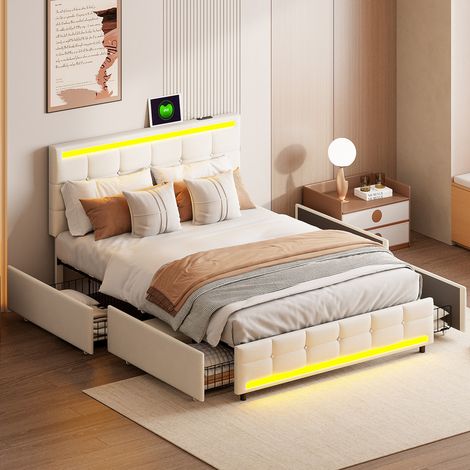 Lit 140 x 200 cm avec sommier et tiroirs,lit double moderne rembourré avec ports LED et USB,lit 2 personnes pour adultes et adolescents,décor boutons,lin,beige (1/5)