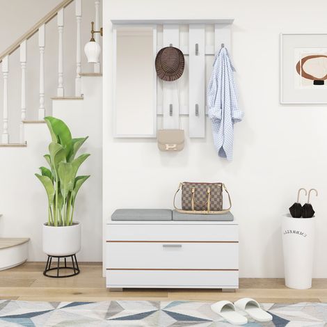 Blanc - Ensemble de meubles de couloir 4 en 1 avec porte-manteaux, banc avec coussins et meuble à chaussures pour 8 paires de chaussures
