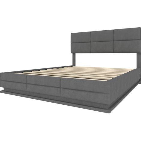 Lit coffre 160x200 cm en velours gris avec LED, USB et tête de lit réglable (1/5)