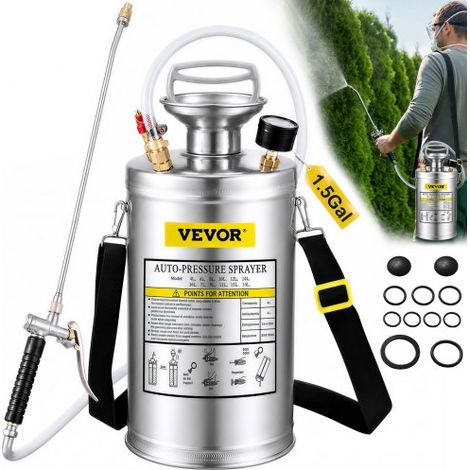 VEVOR Pulverizador de Mochila Manual Capacidad de 6 L Rociador de Mochila Presión de 1,5 - 4,0 bar con Boquilla de Latón Uso en Interior y Exterior para Jardinería Doméstica y Limpieza de Pisos (1/5)