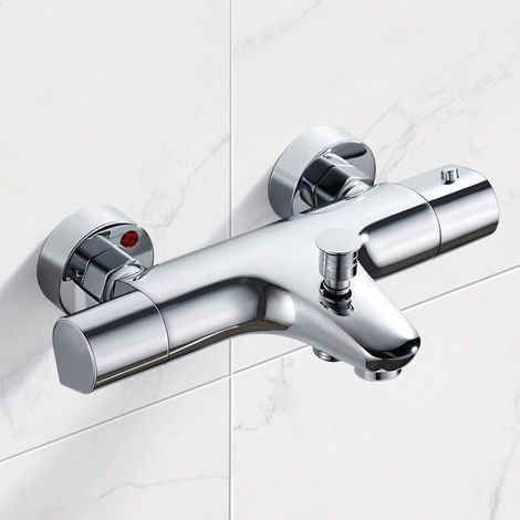 Mitigeur Baignoire Thermostatique, Mitigeur Thermostatique Bain Douche en laiton, avec bouton de sécurité à 38℃, Robinet Thermostatique pour Baignoire avec 2 sorties d'eau, Chromé (1/4)