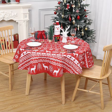 Nappe de table de Noël imperméable & anti-taches - Polyester facile à nettoyer - Motif flocons et rennes - Décoration pour repas de fête - Ronde Ø152 cm - Rouge fond (Allemagne) - 60round (1/5)