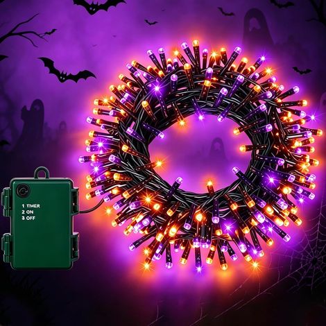Gcstnn Guirlande Lumineuse, Lumières d'Halloween 5M 50LED Intérieur et Extérieur, Fonction Minuterie, Étanche Guirlande LED à Pile pour Décoration Halloween Fête Club Jardin Fenêtre Mur Orange Violet (1/5)