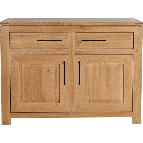 Hellin – Buffet bas en chêne clair 125 cm – 2 portes avec fermeture progressive – 2 tiroirs – Style moderne – Poignées métalliques encastrées (1/5)