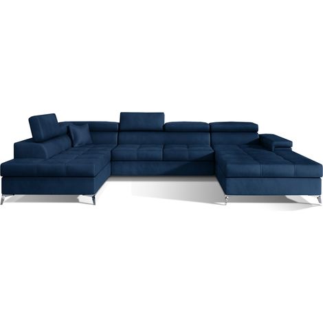 Canapé panoramique convertible KUTTY velours - Rangement et têtières réglables-Bleu foncé-Coffre à gauche (1/5)