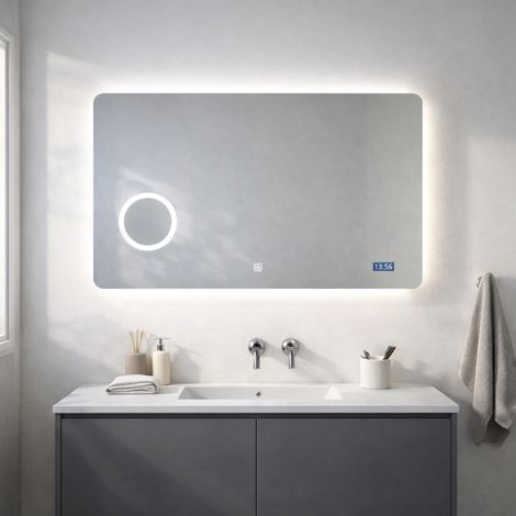 Specchio led 100x70 con lente ingranditore e orologio digitale touch system