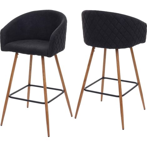 2er-Set Barhocker HHG-201, Barstuhl Tresenhocker Küchenhocker mit Lehne, Metall Holzoptik Stoff/Textil, anthrazit-grau