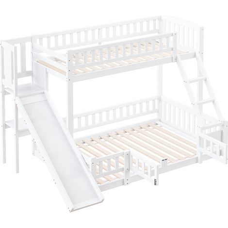 Letto a castello 140 x 200 cm in pino e MDF, con scivolo, scala e contenitori, bianco (1/5)