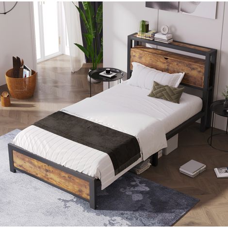 Lit 90x200 avec rangement, métal et bois naturel HAVRYA (1/5)