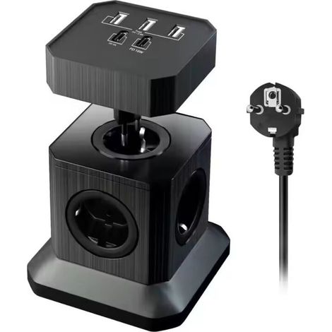 Multiprise 5 Prises avec Ports USB 3 USB A et 2 USB C Charge Rapide Câble Extension 2 m Empilable Noir (1/3)
