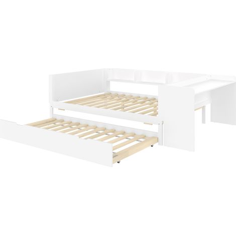 Lit plat, lit en bois, 140x200cm, avec bureau, avec lit gigogne, lit double (sans matelas), avec étagères, pin + panneau de particules, blanc (1/5)