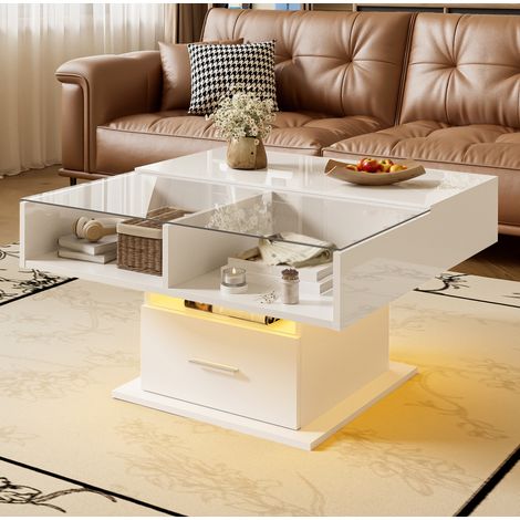 Couchtisch 78x78x59.5 cm weiß aus Spanplatte mit LED, höhenverstellbar und Stauraum (1/5)