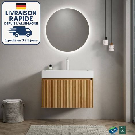 Mueble bajo lavabo de un seno - Montaje a pared - 70CM - Lavabo rectangular de resina blanca - Mueble bajo lavabo de contrachapado rayado (con un cajón) - Premontado - Acabado veta madera natural (1/5)