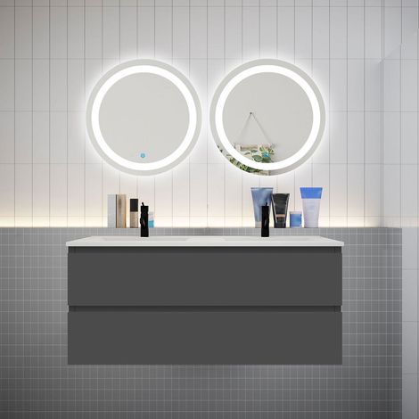 Ensemble meuble double vasque L.120cm 4 tiroirs + lavabo + 2 LED miroirs rond 60cm,anthracite,aica sanitaire (1/5)