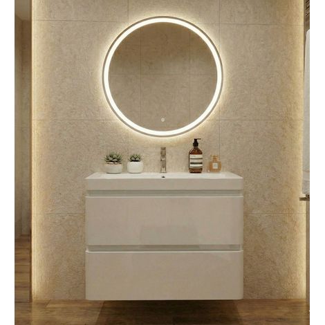 Meuble sous‑vasque BORA 80 cm Suspendu, Meuble de salle de bain mural laqué Blanc Brillant, plan résine, 2 tiroirs à fermeture amortie, poignées intégrées, grand meuble lavabo (1/5)