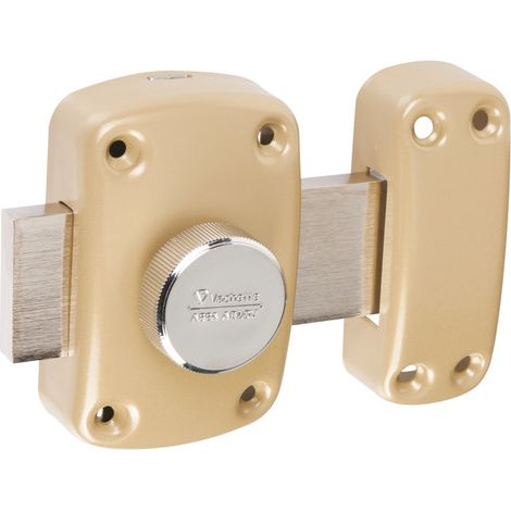 Vachette – Verrou à bouton 766 V – Coffre acier embouti verni bronze H.92 x l.60 mm – Pêne acier chromé 110 mm – Gâche acier embouti verni bronze