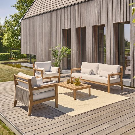 Salon bas de jardin en teck massif avec coussins (1/5)