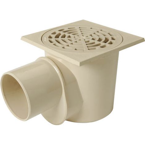 Nicoll – Siphon de cour à panier sortie horizontale Ø110 mâle – Platine carrée 20x20cm – Garde d'eau 60mm – PVC sable