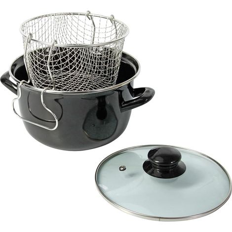 Friteuse Traditionnelle Ø26 cm en Acier Émaillé avec Panier & Couvercle Verre - Cuisson à l’Ancienne pour Frites Dorées & Croustillantes - Tous Feux Dont Induction