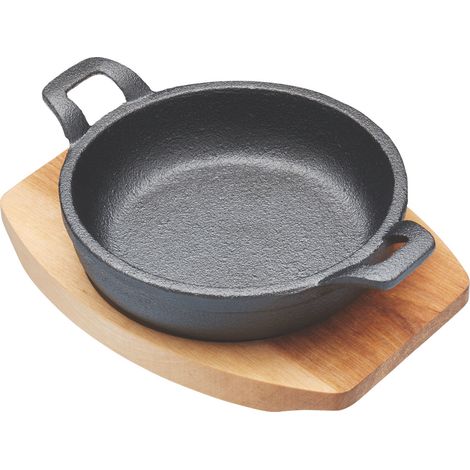 Artesà Cacerola de Hierro Fundido en Miniatura con Tabla de Madera para Servir, Estilo Olla Poco Profunda, para Gratinar, Tapas, Curry y Carne, Apta para Placas de Inducción, (6.4 x 4.9"), Redonda, Ne