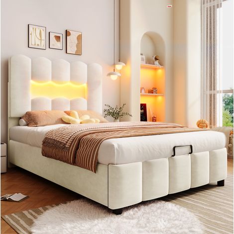 DESVIAE Lit rembourré 90 x 200 cm avec LED multicolores rangement hydraulique et tête de lit réglable velours beige (1/5)