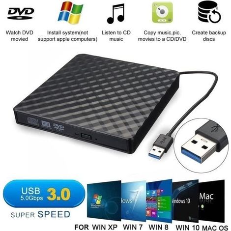Lecteur CD DVD Externe USB 3.0 - YIKXIULF - Graveur CD - Noir - Windows/Mac