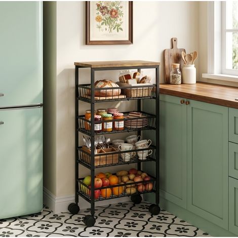Carrito de cocina estrecho con 4 cestas extraíbles y ruedas, 40x24x81,5 cm, OKMYHOME (1/5)