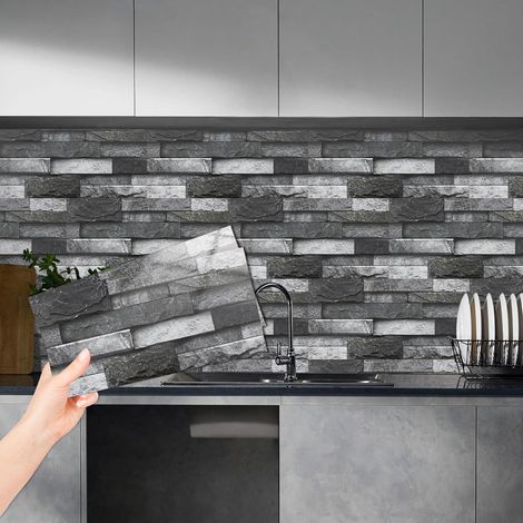 Lot de 24 autocollants de carrelage mural en vinyle pour cuisine et salle de bain, décoration d'intérieur, dosseret Noir/gris 15 x 30 cm (1/5)