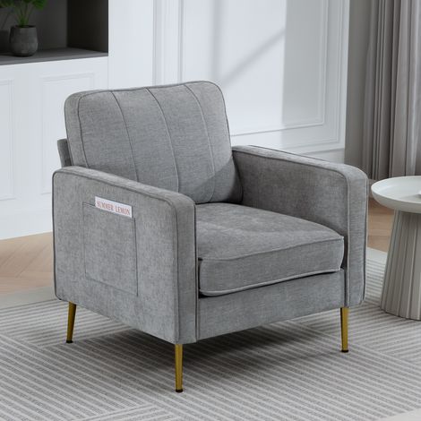 Poltrona in tessuto con gambe in acciaio color oro, molto comoda, con tasche laterali, per soggiorno, ufficio, camera da letto, grigia
