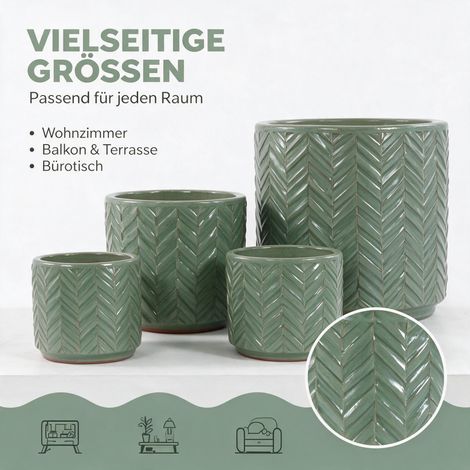 Hochwertiges Steinzeug Blumentopf Set 4-teilig Ø38/31,5/24,5/20cm salbeigrün mit Hochglanzglasur für Innen (1/5)