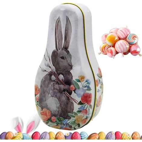 Caja de dulces de Pascua, contenedor de hojalata para almacenar chocolates, diseño de conejo vintage, resistente y ecológica, regalo para niños (1 paquete), decoración de Pascua, ideal para niños, niñ (1/4)
