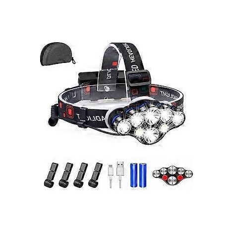 Stirnlampe, 18000 Lumen, 8 LEDs, 8 Leuchtmodi, extrem leistungsstarke LED-Stirnlampe, USB-aufladbar, 90° verstellbar, wasserdicht und leicht.