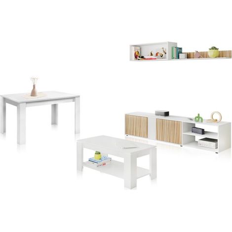 Pack salón con mesa de centro y mesa de comedor Alix Max Blanco Artik (Blanco Mate) - Natur (ancho) x 40cm (alto) (1/5)