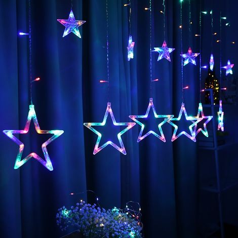 Lichtervorhang Weihnachten Sterne 3,5m, 138 LEDs mit 12 Sterne, Fernbedienung und 20 Haken, Weihnachtsbeleuchtung Innen Fenster, USB oder Batteriebetrieben, 8 Modi, Wasserdicht (Bunt) (1/5)