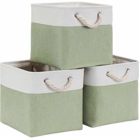 Cube Rangement - Lot de 3 - Tissu Lin - Pliable - Placard Salon - 25x25x25cm Vert Blanc (1/5)