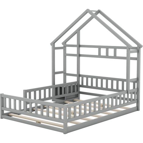 Lit cabane enfant 140 x 200 cm gris avec table de chevet et barrière (1/5)