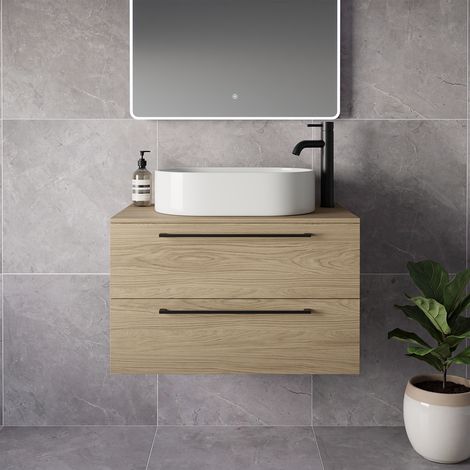 Napoli 460 Light Oak 800mm Wall Mounted 2 Drawer Vanity Unit for Countertop Basins - 800mm - Matt Black 480mm Handle