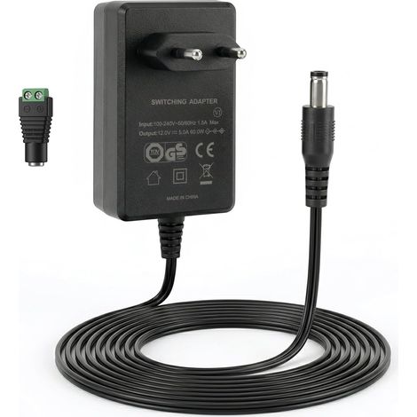 LED Adaptateur Alimentation Transformateur 12V 5A 60W AC/DC Europe Prise Chargeur pour LED Bande SMD 5050/3528/2538 pour PC Portable,LCD TFT Monitors, DVD, TVs etc. (1/5)