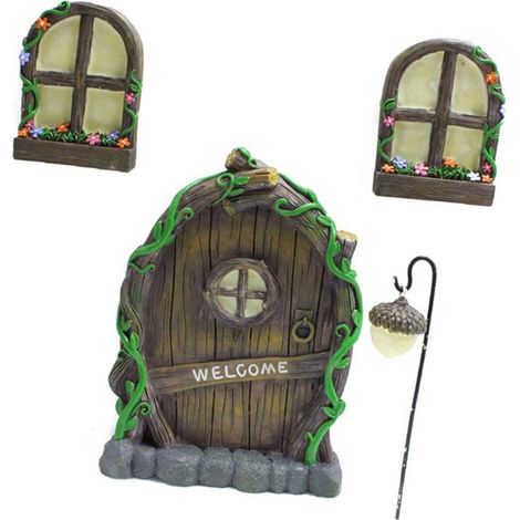 Beleuchtete Feentür und Fenster für Miniatur-Baumschmuck, Deko-Set aus Kunstharz für ein Zwergenhaus – zwei phosphoreszierende Fenster, Maße: 15 x 10 x 2 cm (1/5)